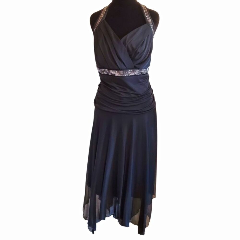 Vintage Trixxi Black Asymmetric Halter Dress Ruched Rhinestone Y2K Whimsigoth 1X